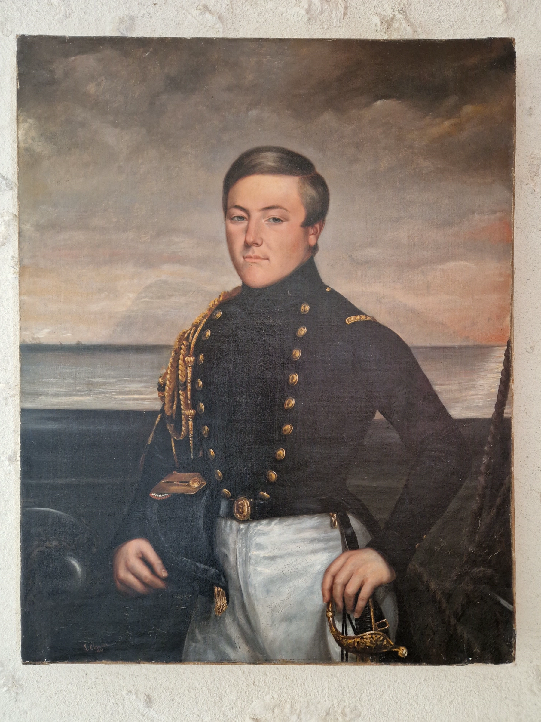 Framed painted portrait of a naval officer
